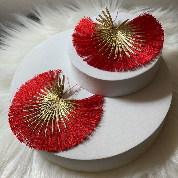Red Fan Fringe Oversized Statement Earrings - Picture 9 of 10
